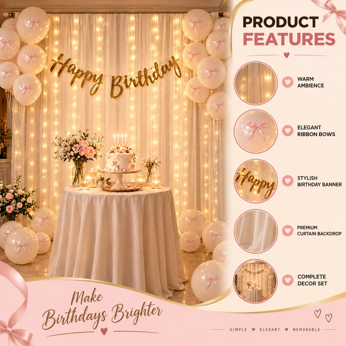 White & Pink Bow Theme Birthday Decoration DIY Kit