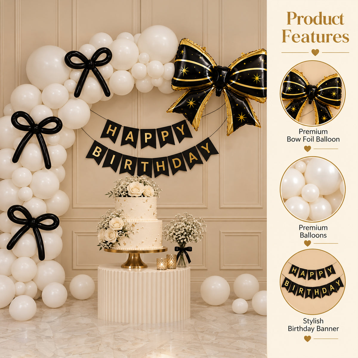 White & Black Bow Theme Birthday Decoration DIY Kit