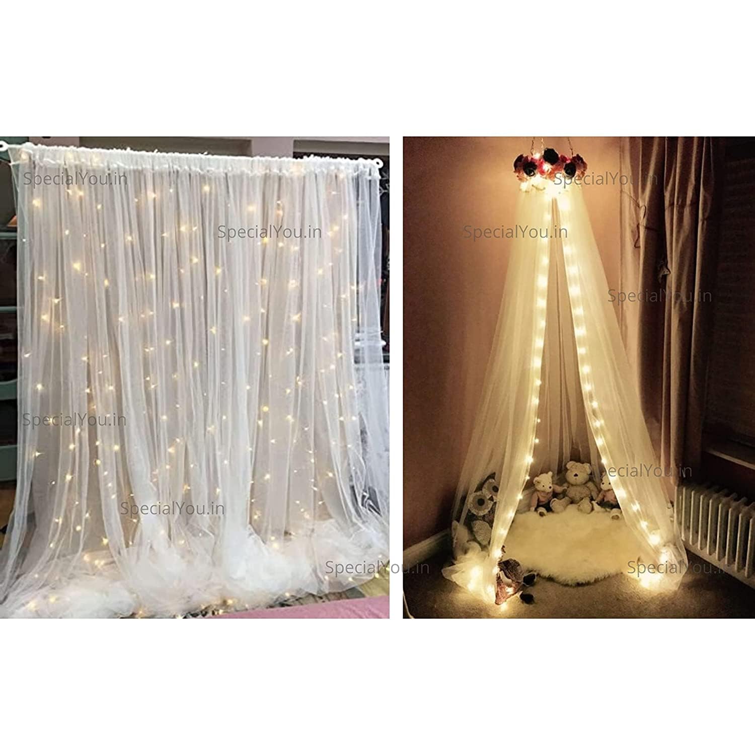 Sheer white net Backdrop for aesthetic room décor with fairy lights