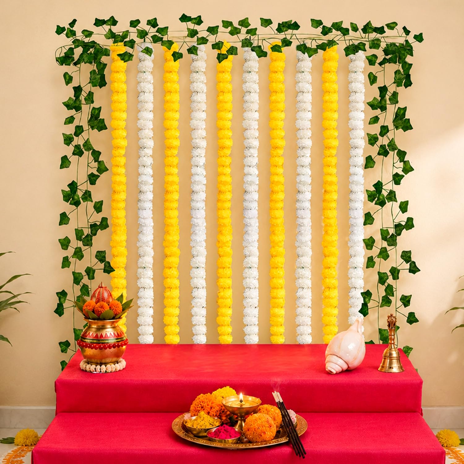 Ganpati Decoration Kit with Yellow & White Garlands – 14 Pcs