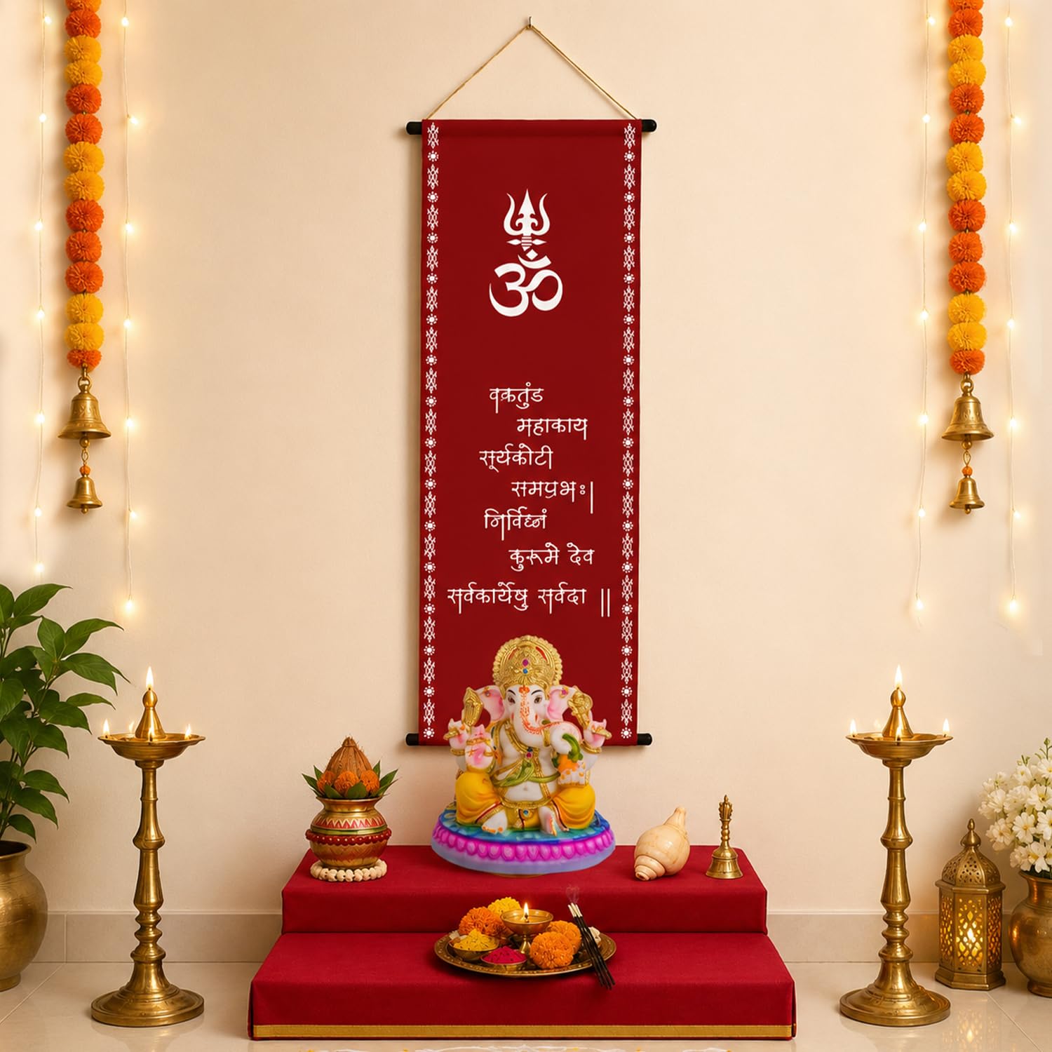 Divine OM Scroll Backdrop – Ganpati Decoration Cloth for Home & Pooja