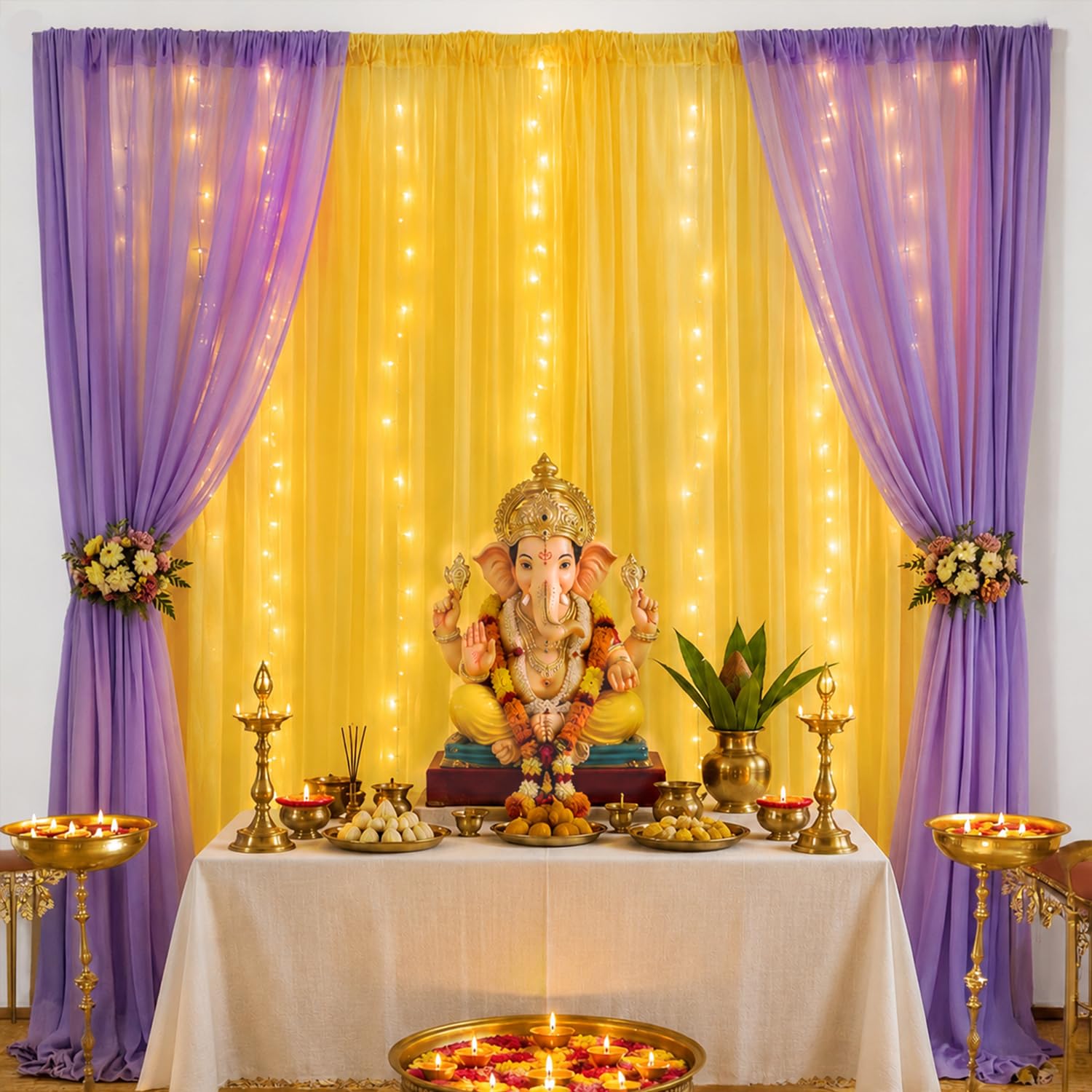 Lavender & Yellow Ganpati Backdrop Décor Set – Festive Home Decoration (8 Pieces)