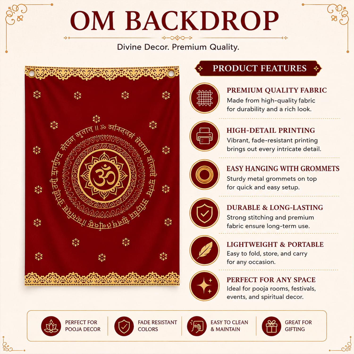 Divine OM Backdrop Ganpati Decoration Set – Red Fabric Pooja Backdrop for Home & Mandir