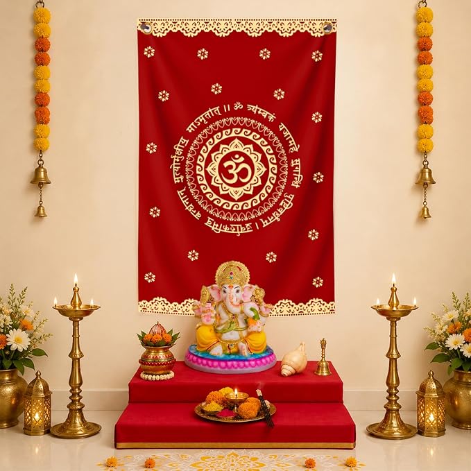 Divine OM Backdrop Ganpati Decoration Set – Red Fabric Pooja Backdrop for Home & Mandir