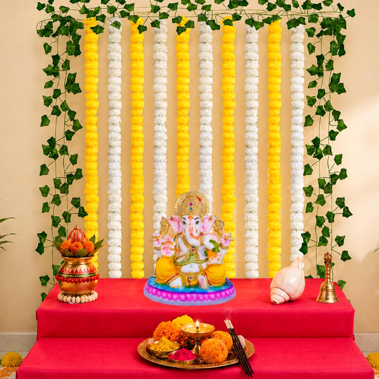 Ganpati Decoration Kit with Yellow & White Garlands – 14 Pcs