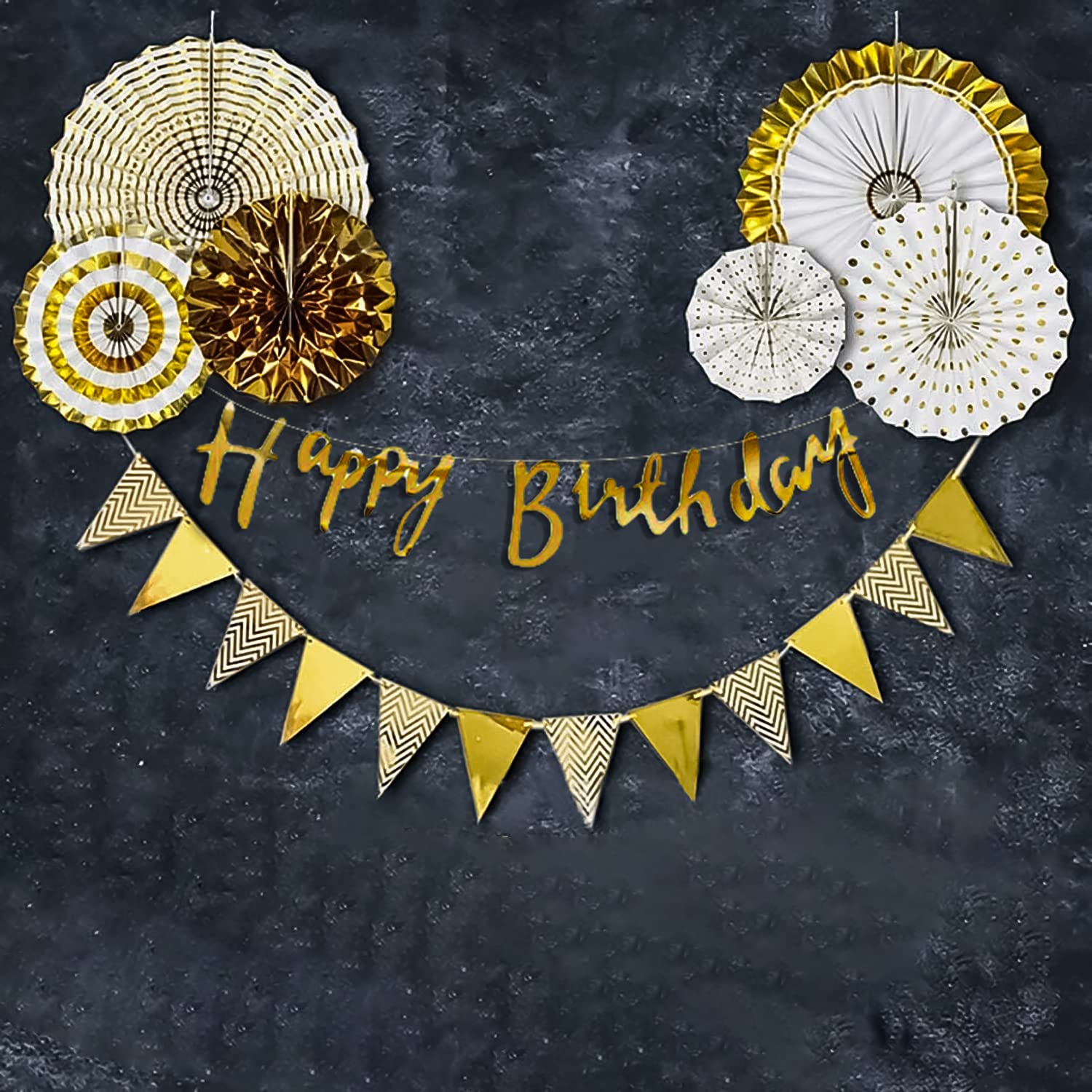 DECOR MY PARTY Happy Birthday Paper Banner with Golden Foil