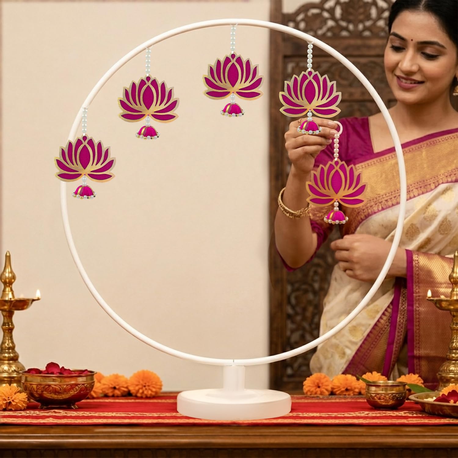 White Round Ganpati Backdrop Stand – Elegant Pooja & Home Décor