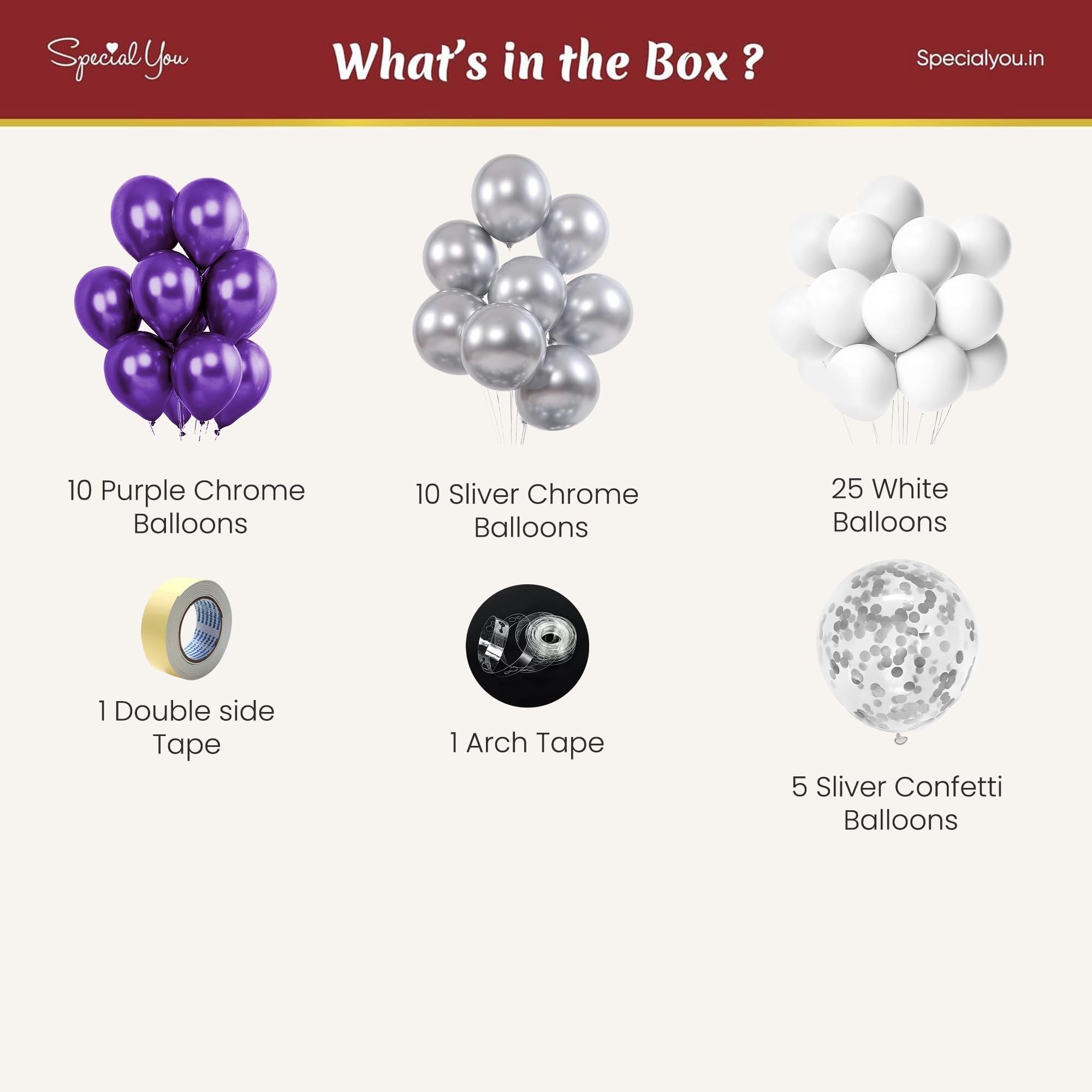 Purple, Silver chrome & White Balloons for Decoration