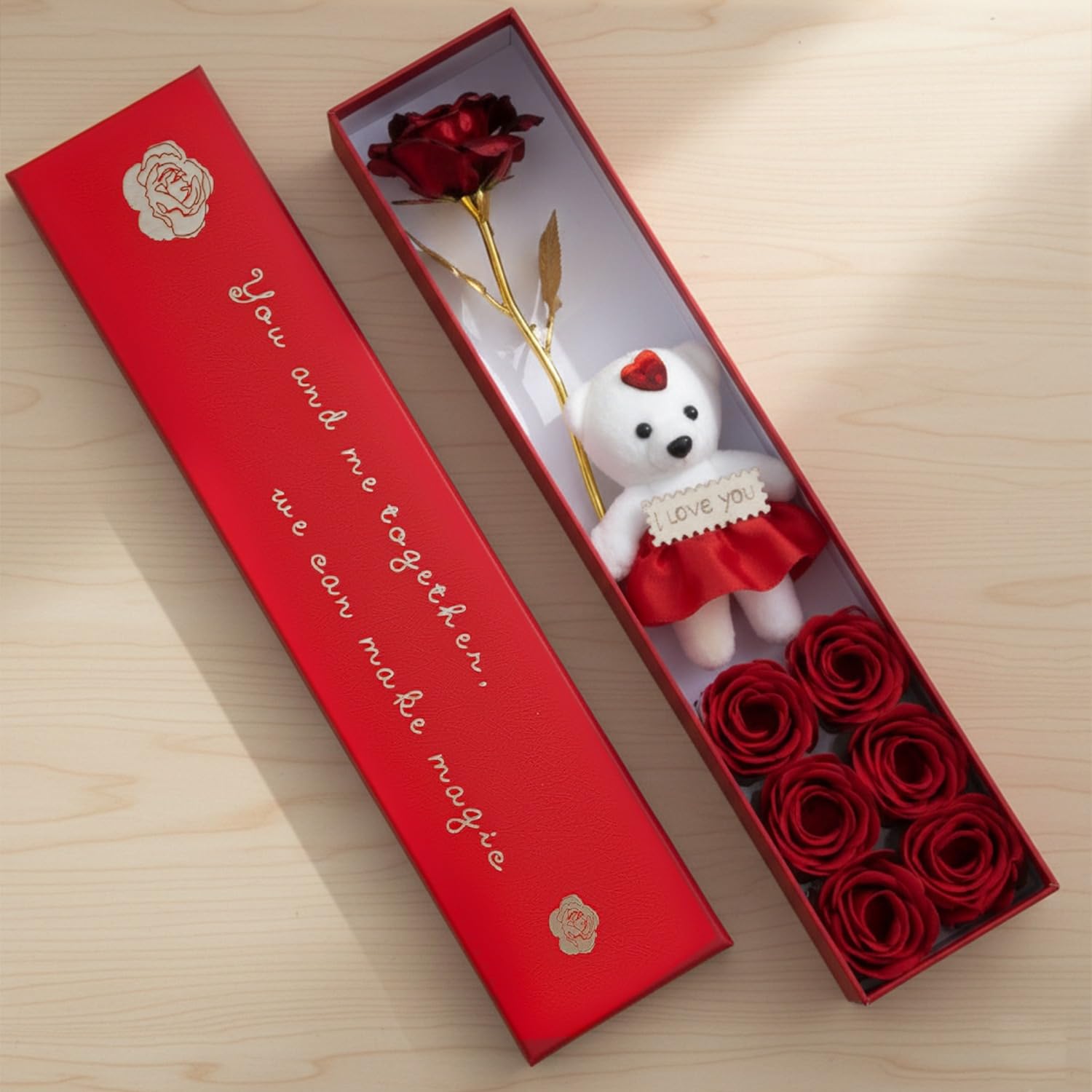 Metal Red Rose & White Teddy for Valentine Gift