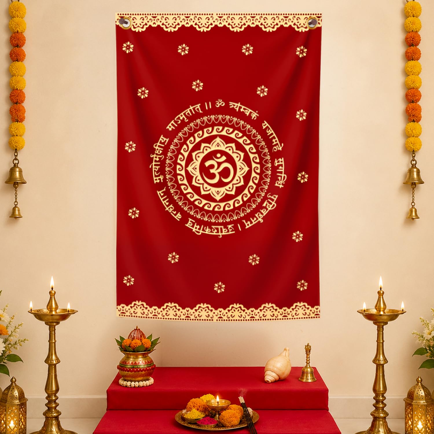 Divine OM Backdrop Ganpati Decoration Set – Red Fabric Pooja Backdrop for Home & Mandir