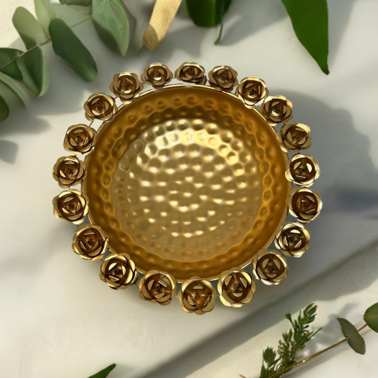 Gold Rose Urli 13 Inch with White T-Lights Candles