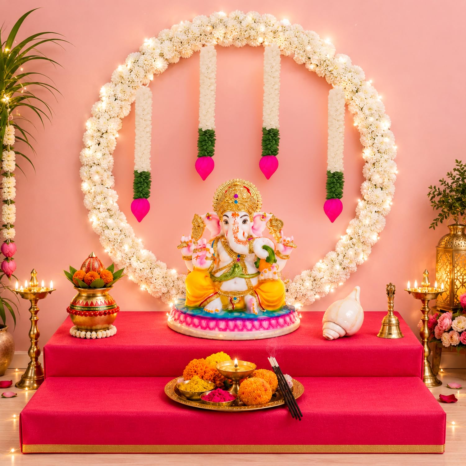 Ganpati Decoration Kit with White Backdrop Stand & Marigold Garlands – 10 Pcs