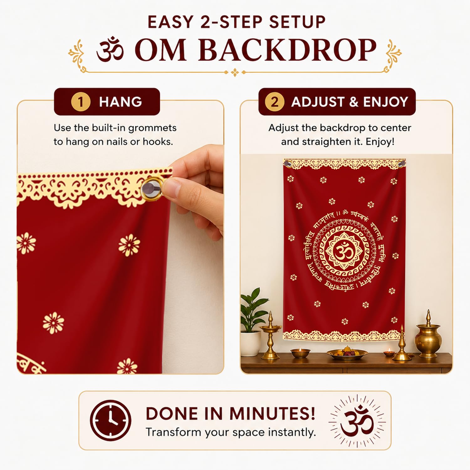 Divine OM Backdrop Ganpati Decoration Set – Red Fabric Pooja Backdrop for Home & Mandir
