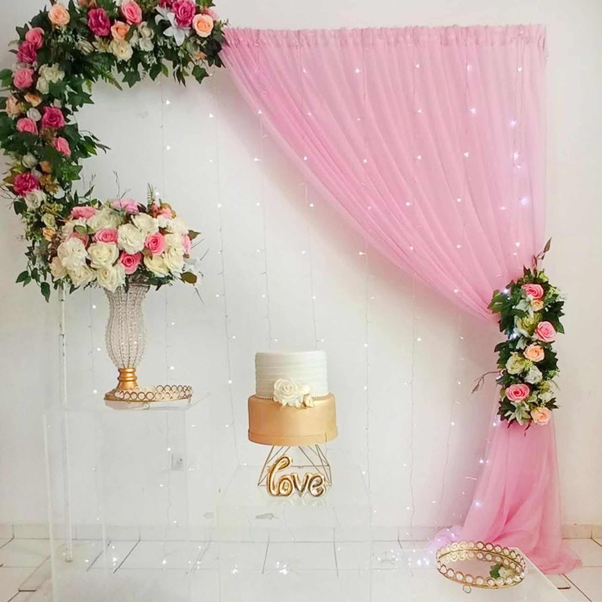 Pink Net Curtain Decoration with fairy lights