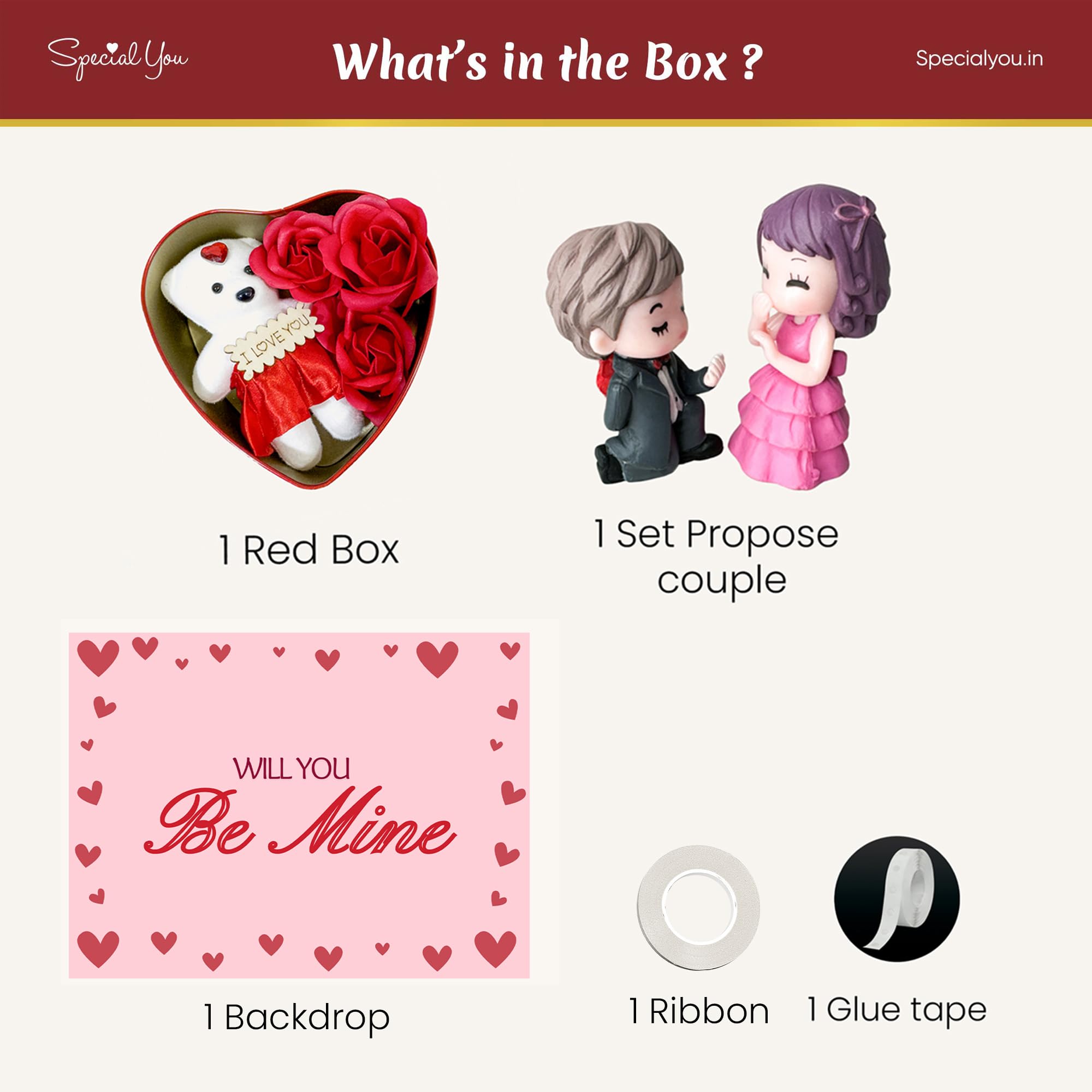 Romantic backdrop, Red heart shape box , Figurines 3 set combo