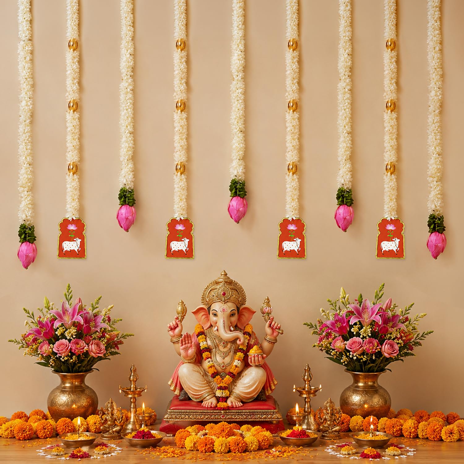 Divine Cow & Lotus Ganpati Decoration Set – Wall Hanging Décor for Home (9 Pieces)