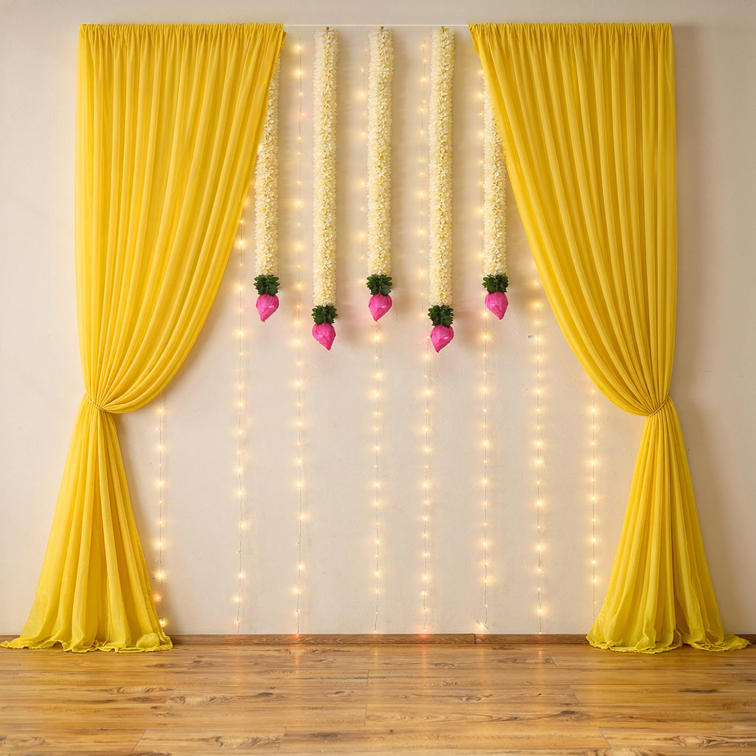 Ganpati Decoration Kit with Yellow Backdrop & Lotus Bud Hangings – 11 Pcs