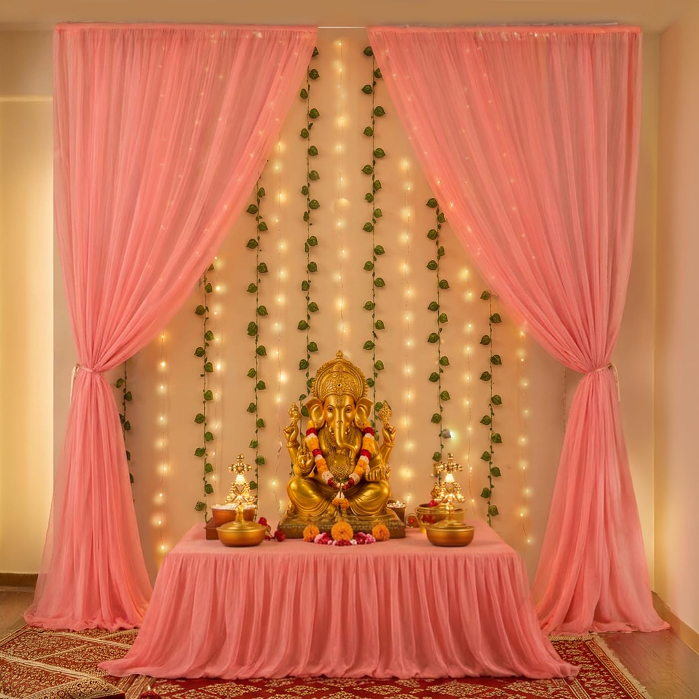 Pink Ganpati Backdrop Décor Set – Backdrop Cloth & Green Vines (9 Pieces)