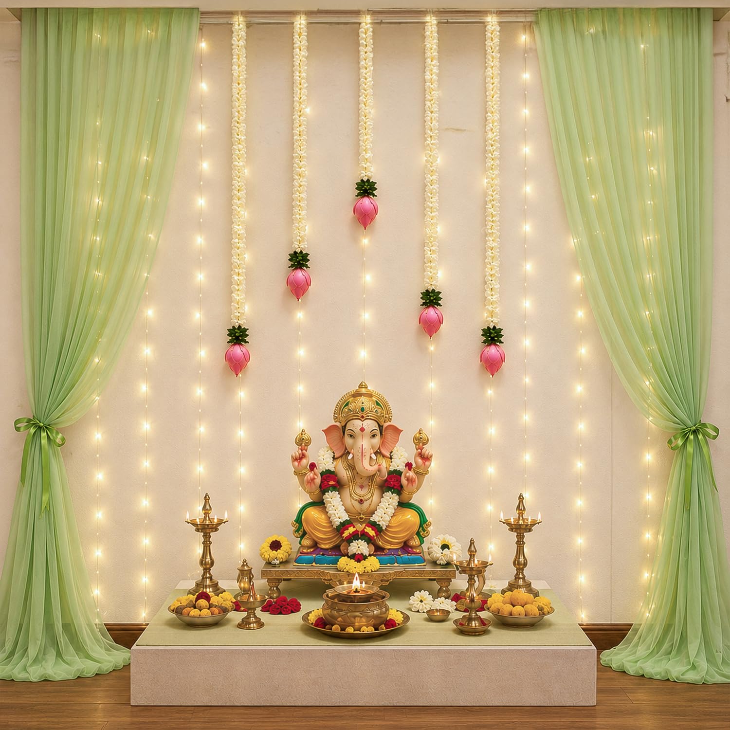 Green Chiffon Curtain Backdrop Decoration Kit with Lotus Hangings