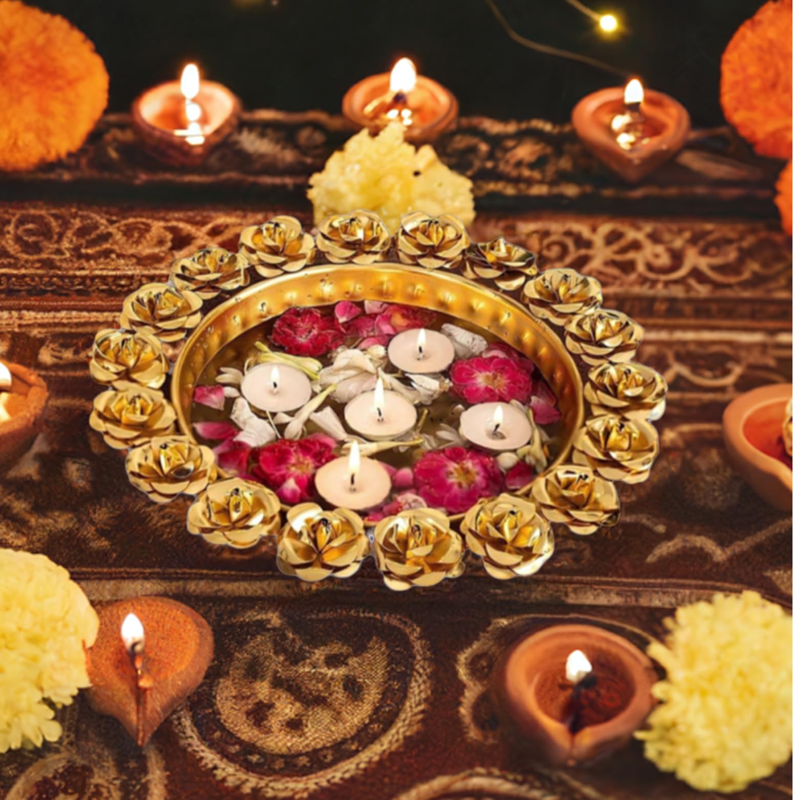 Gold Rose Urli 13 Inch with White T-Lights Candles
