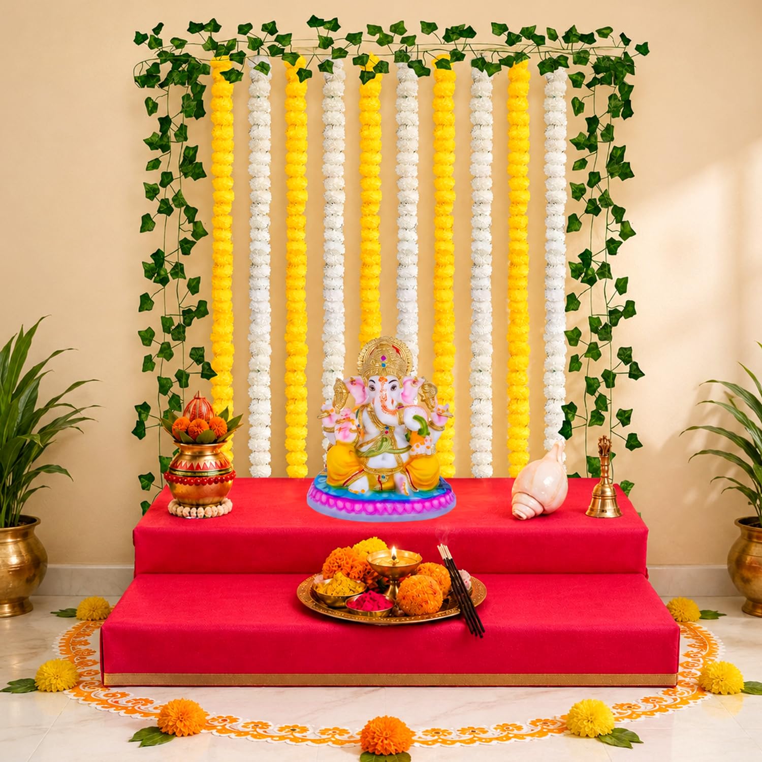 Ganpati Decoration Kit with Yellow & White Garlands – 14 Pcs
