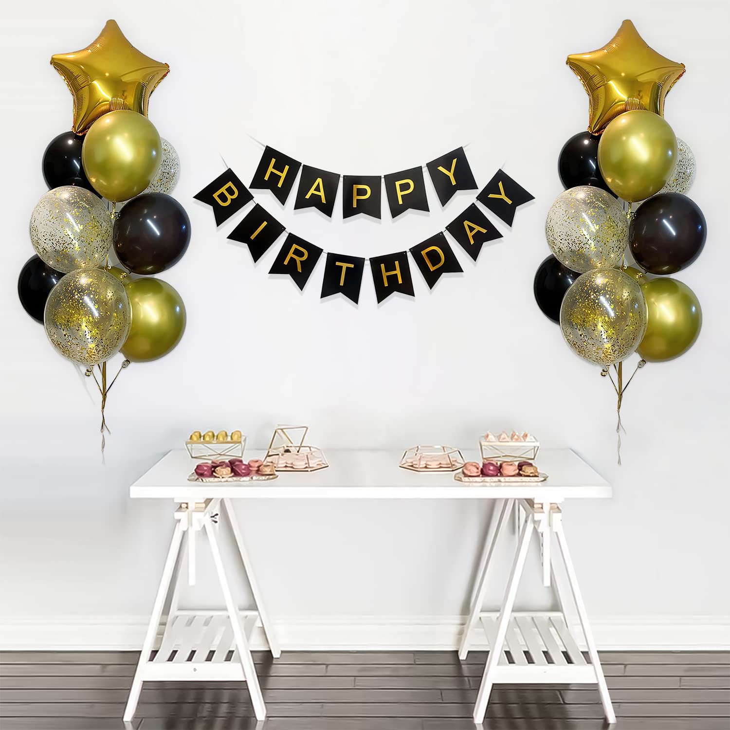Birthday decoration DIY kit for men and women with gold and black balloons.