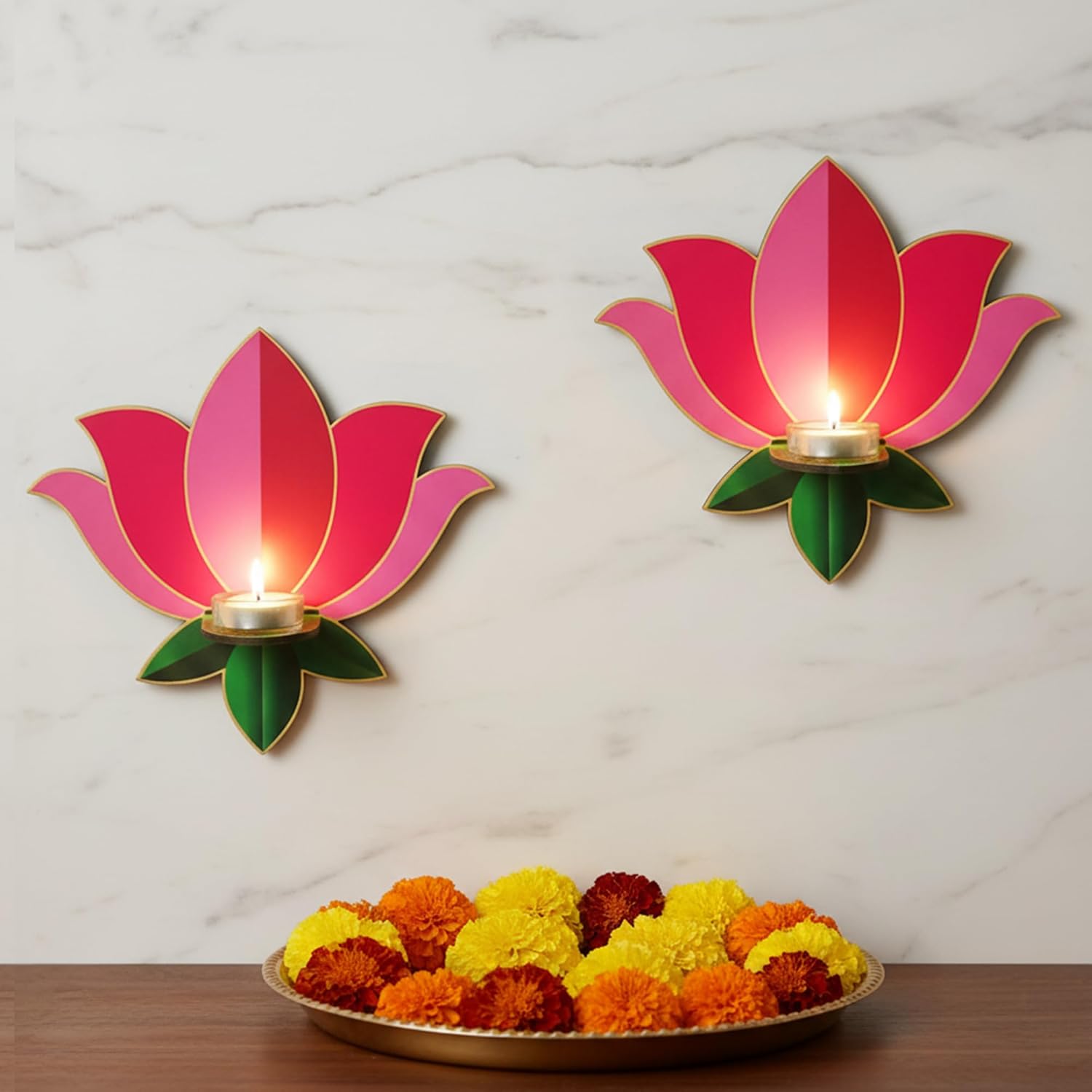 Lotus Glow Ganpati Décor Set – Wooden Candle Holder Collection (2 Pieces)