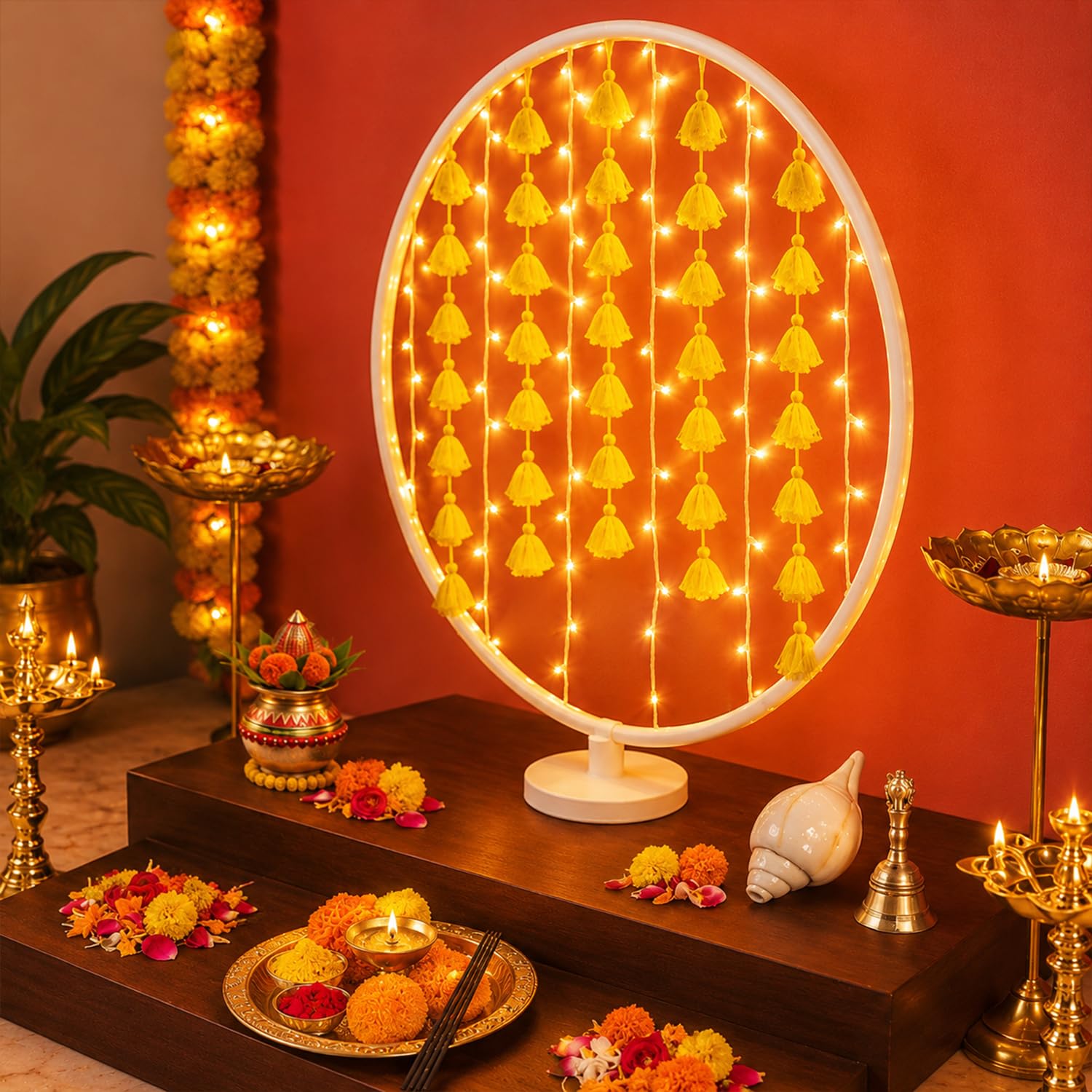 White Round Ganpati Backdrop Stand with Decorative Hangings