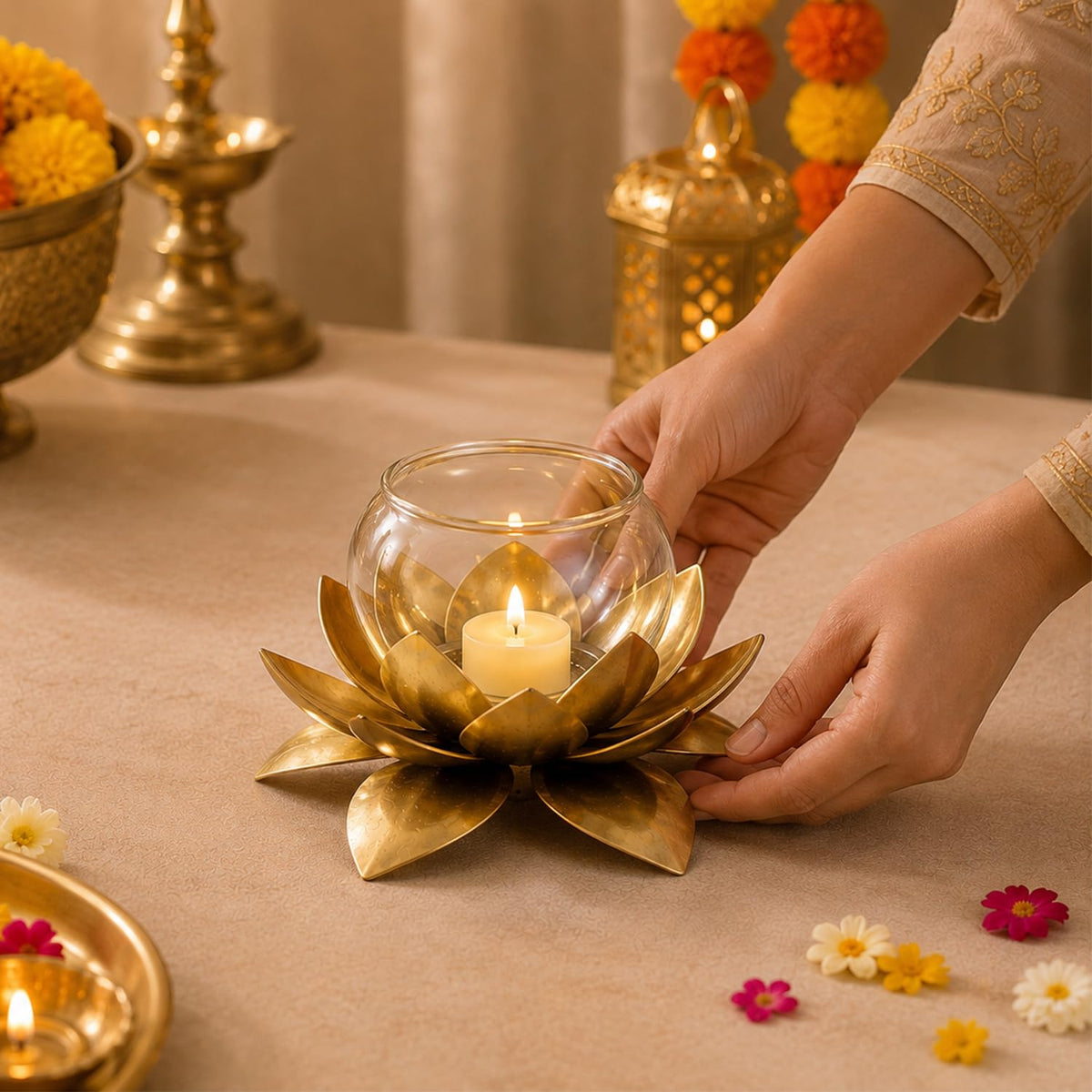 Lotus Urli Bowl with Glass Jar for Diwali Decor