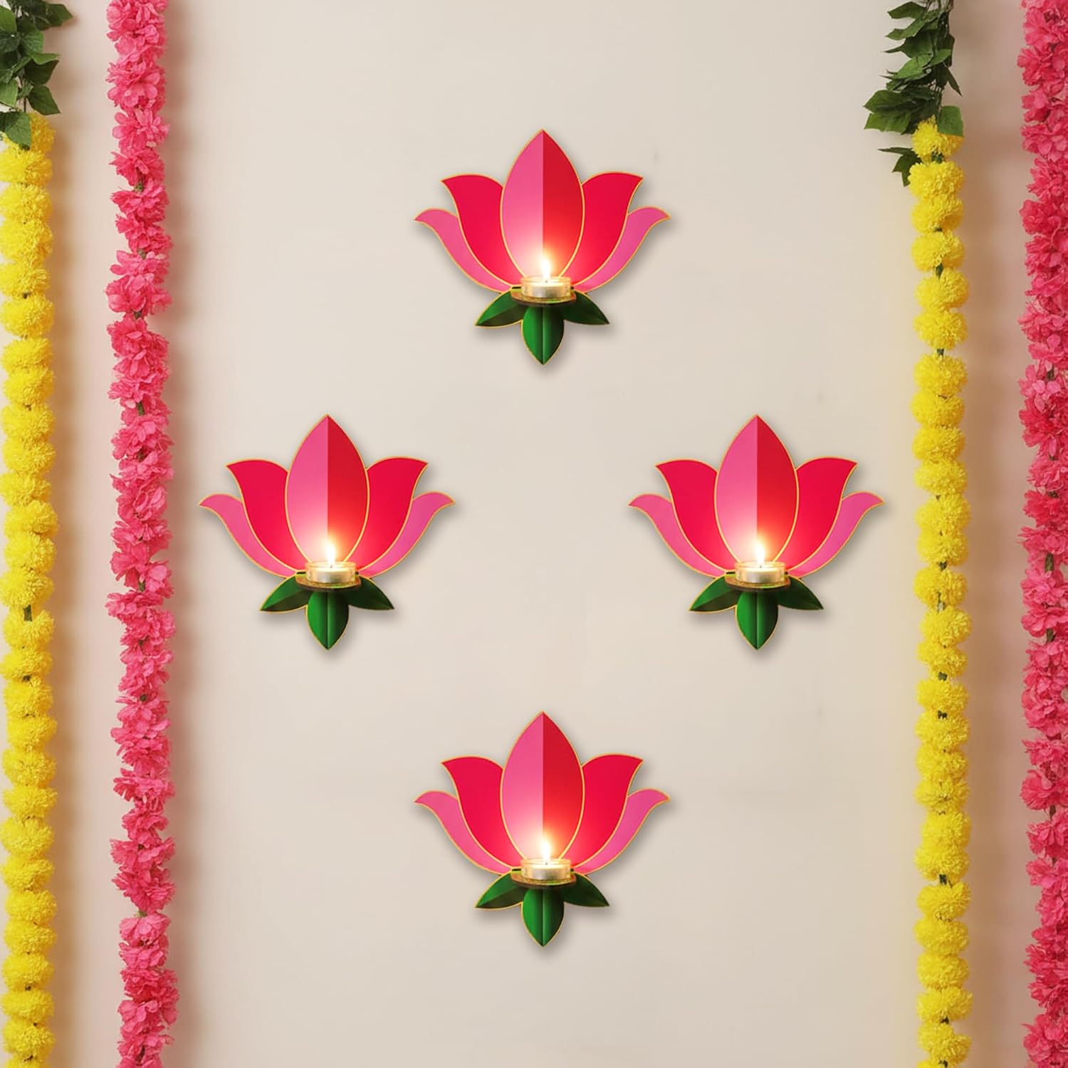 Lotus Glow Ganpati Décor Set – Wooden Candle Holder Collection (4 Pieces)