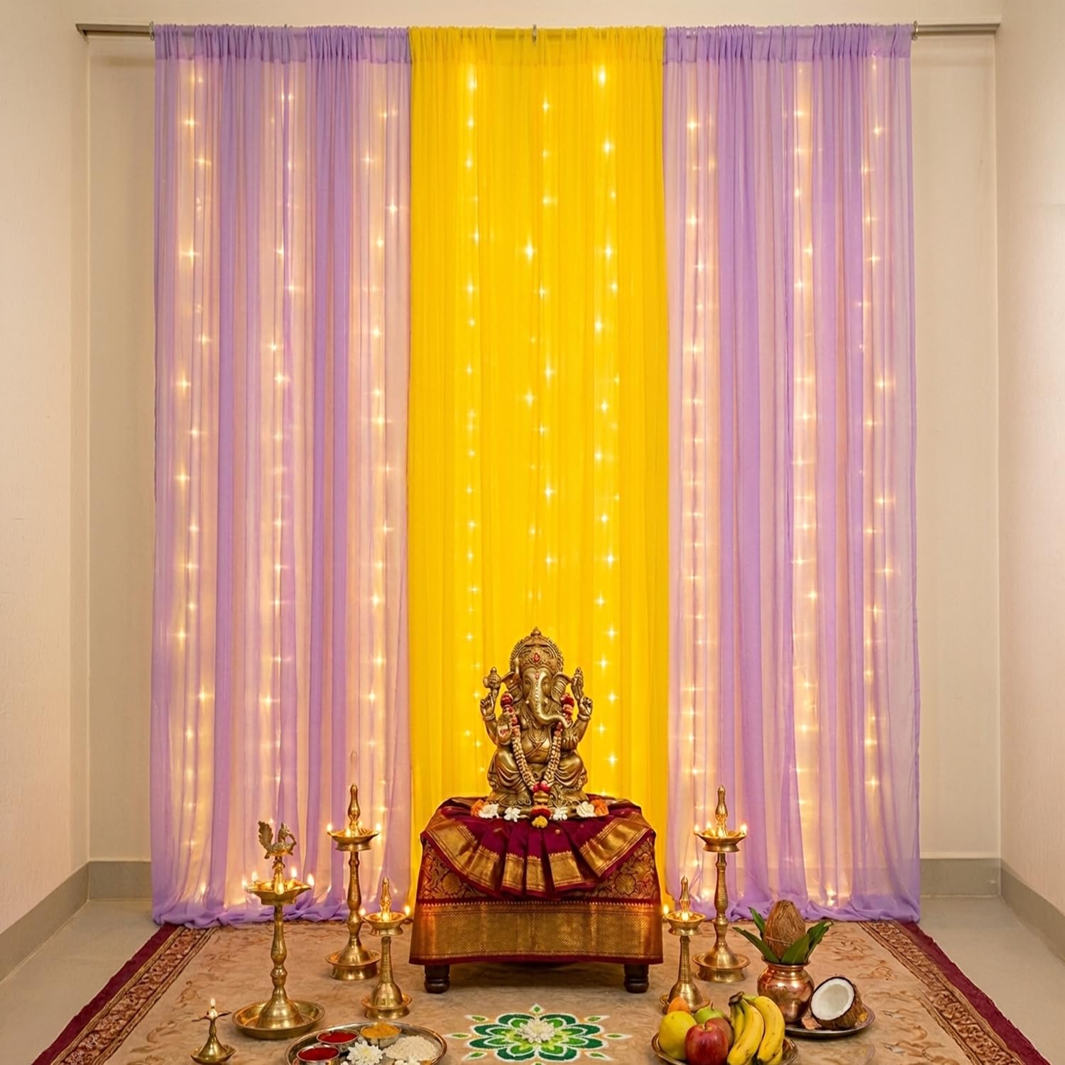 Lavender & Yellow Ganpati Backdrop Décor Set – Festive Home Decoration (8 Pieces)