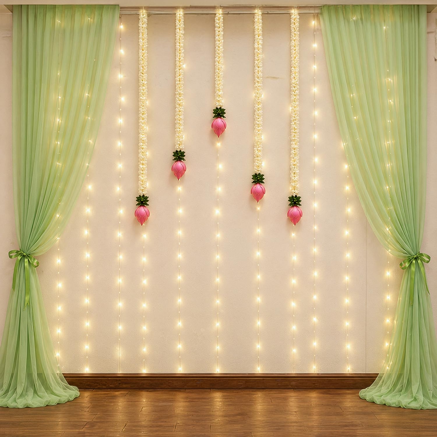 Green Chiffon Curtain Backdrop Decoration Kit with Lotus Hangings