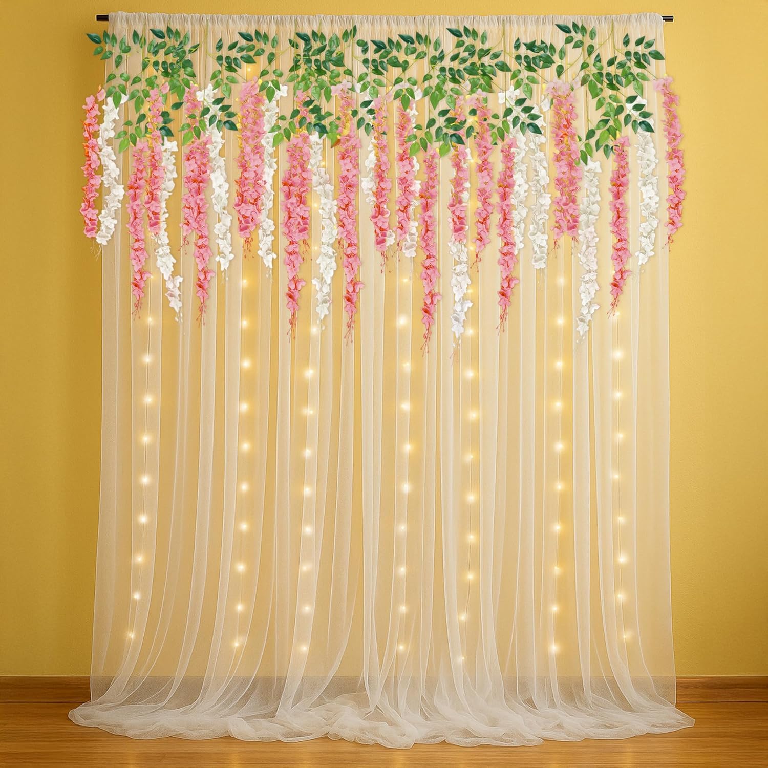 Backdrop decor with Pink & white Wisteria & Curtains