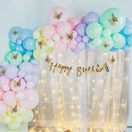 Rainbow Multi color Pastel Birthday Decorations with White Net Curtain and  Led Fairy Lights