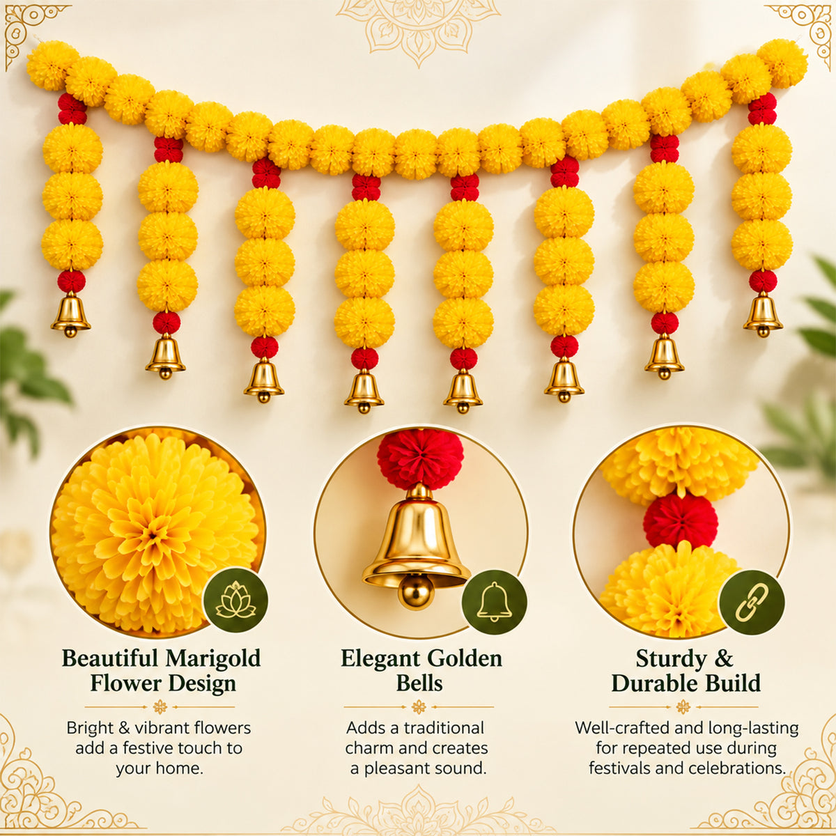Yellow Marigold Bell Toran for Diwali Decoration for Home