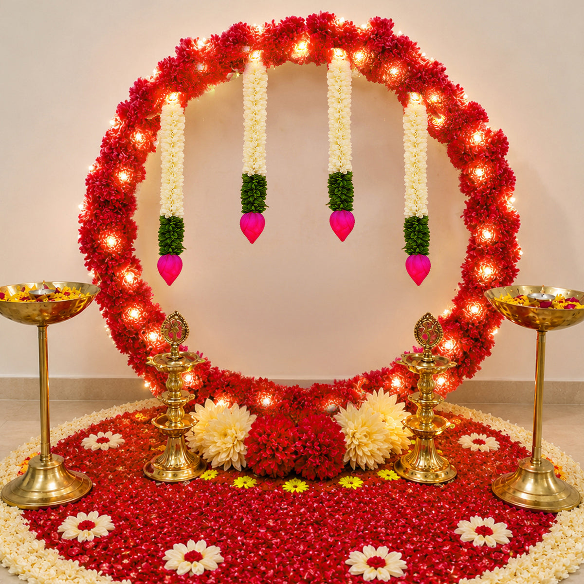 Red Marigold Ring Backdrop Decoration Kit with Lotus Bud Hangings