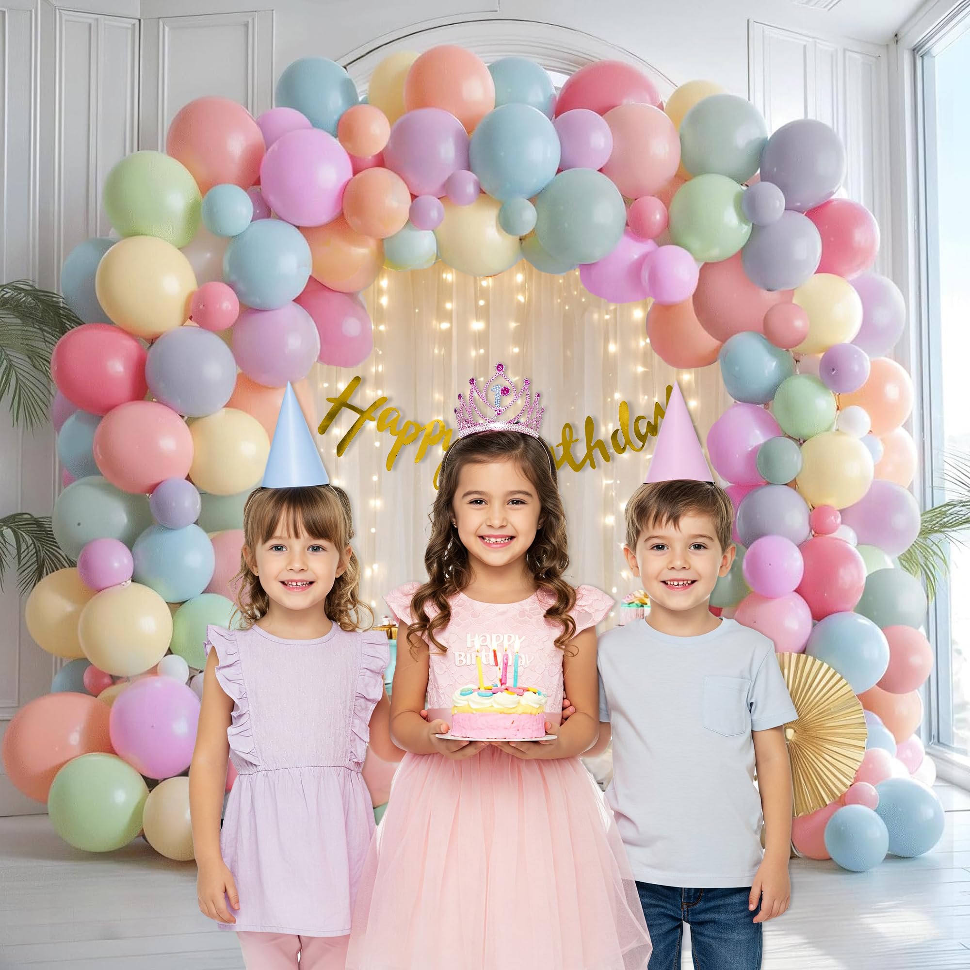 Rainbow Theme Birthday Decoration kit with White Curtains
