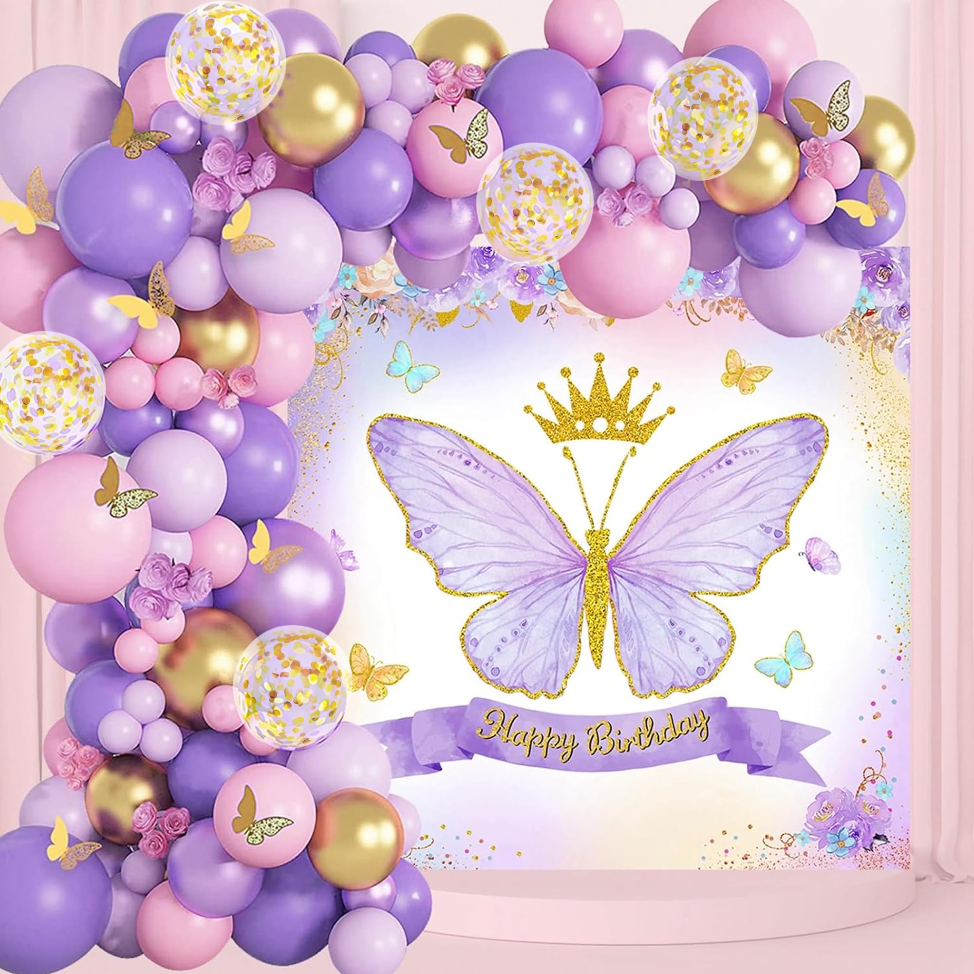 Pink Purple Butterfly theme balloon decor for birthday