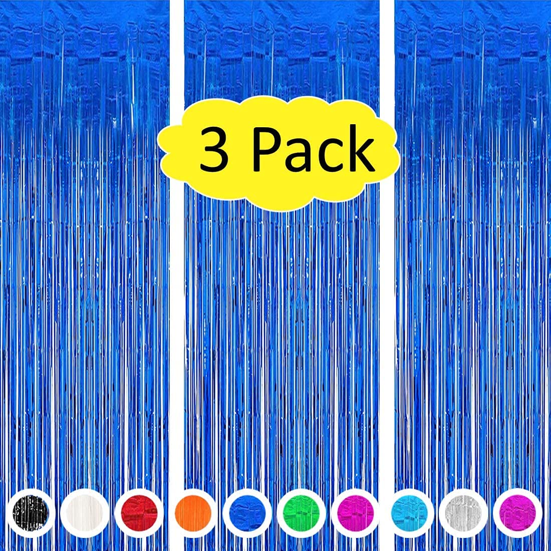 3 Pack Foil Fringe Curtain, Blue Tinsel for Party Decoration