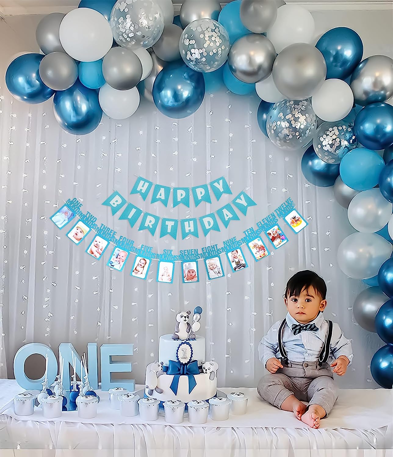 Baby boy's blue & silver theme 1st birthday backdrop decoration