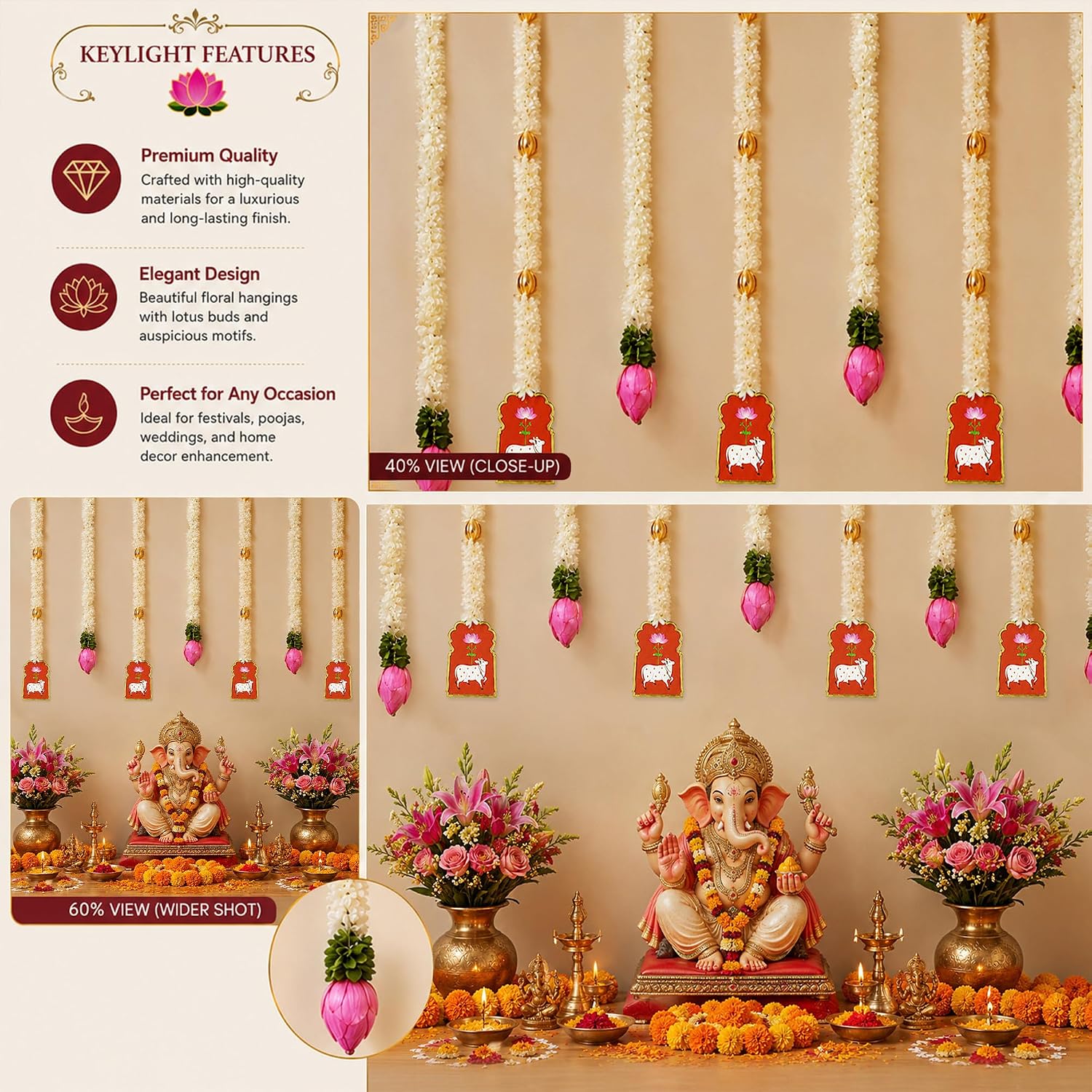 Divine Cow & Lotus Ganpati Decoration Set – Wall Hanging Décor for Home (9 Pieces)