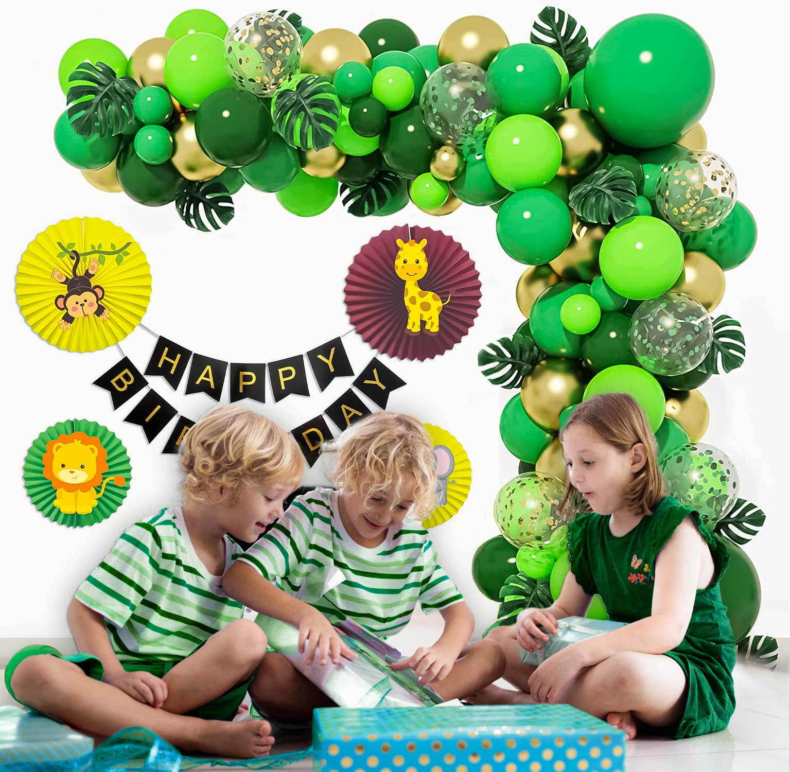 Jungle theme birthday decoration items with animal paper fans- 76 Items