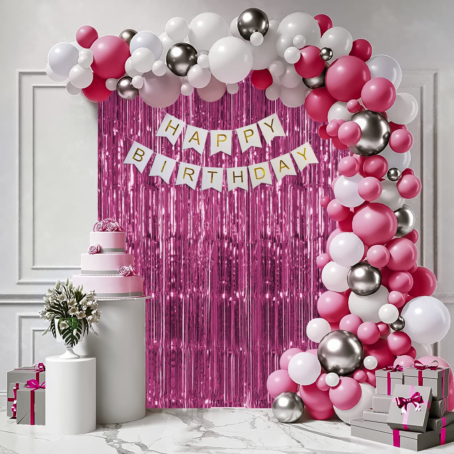 pink birthday decorations for women ，happy birthday party decorations for  girls，pink Fringe Curtain，happy birthday banner，happy birthday  balloon，happy