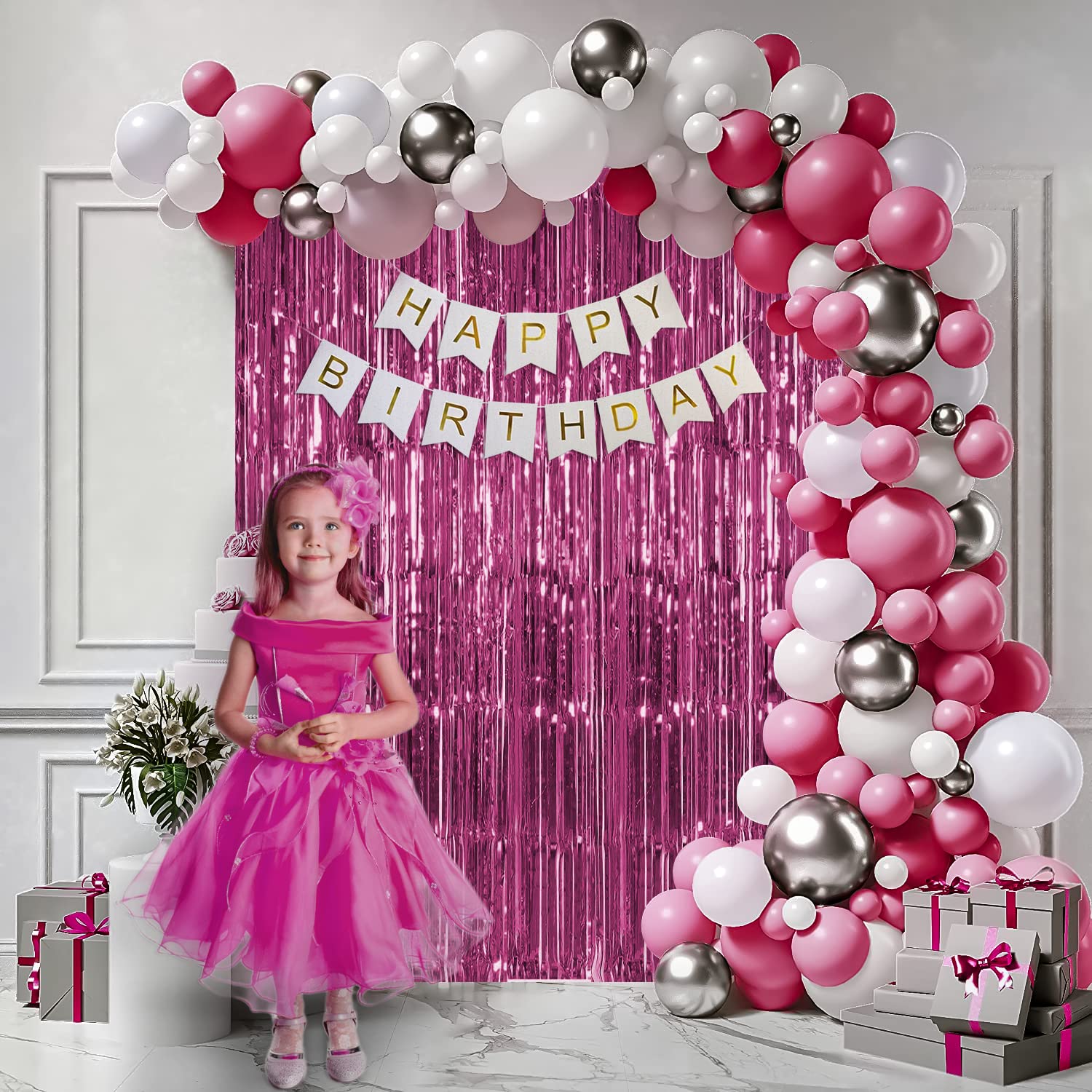 Pink and white theme birthday decoration items with fringe curtain