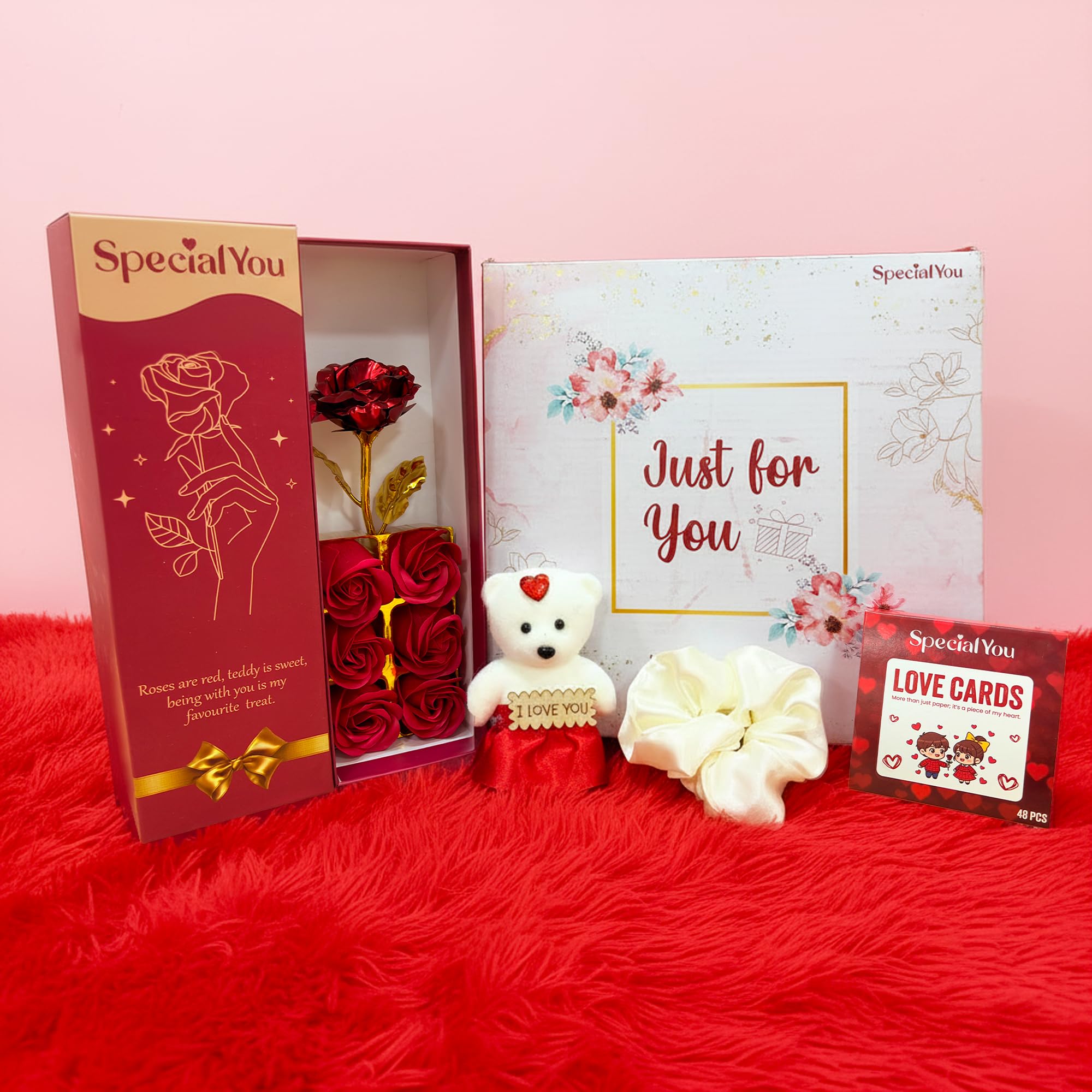 Metal Rose Teddy with Love Cards & Hair Scrunchy
