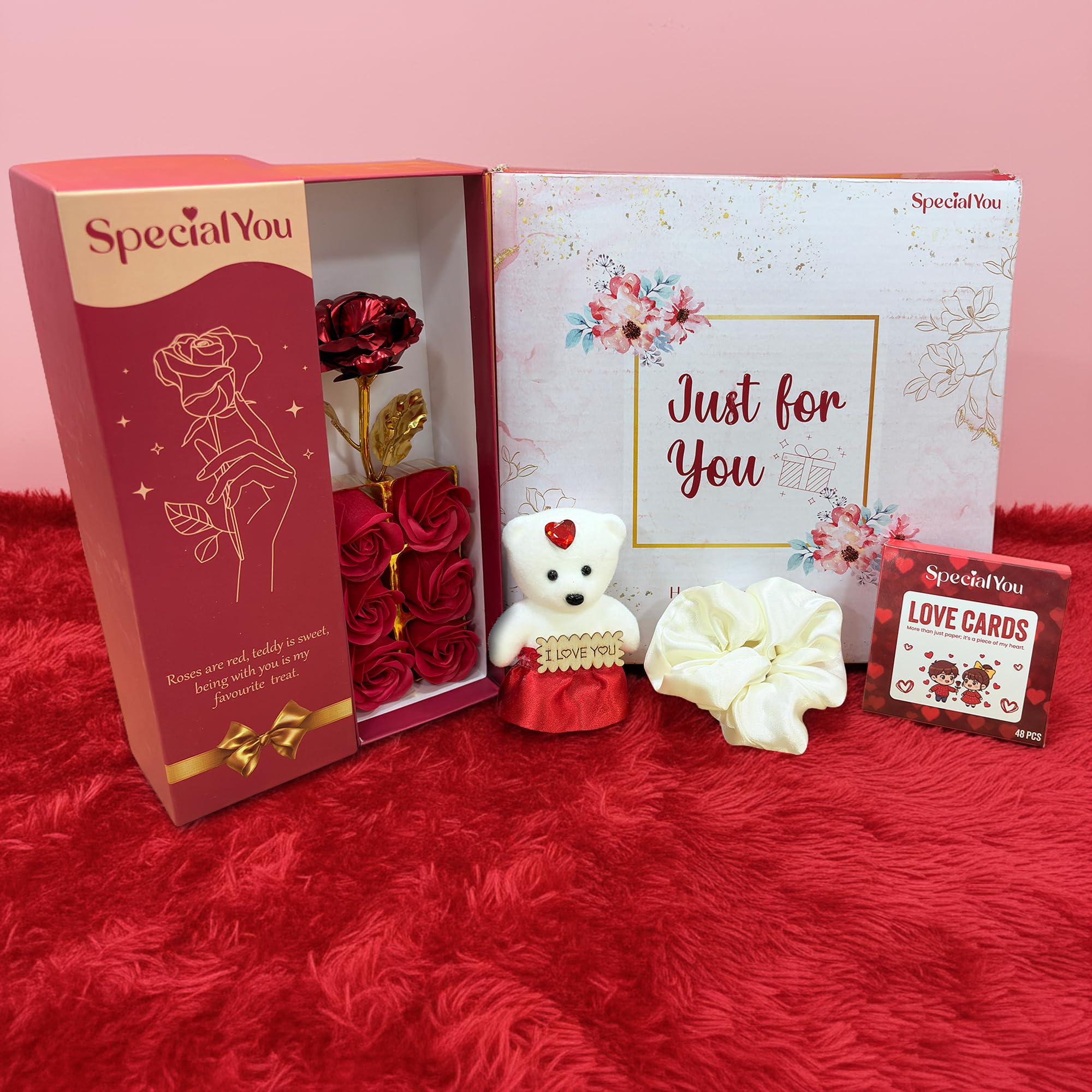 Metal Rose Teddy with Love Cards & Hair Scrunchy