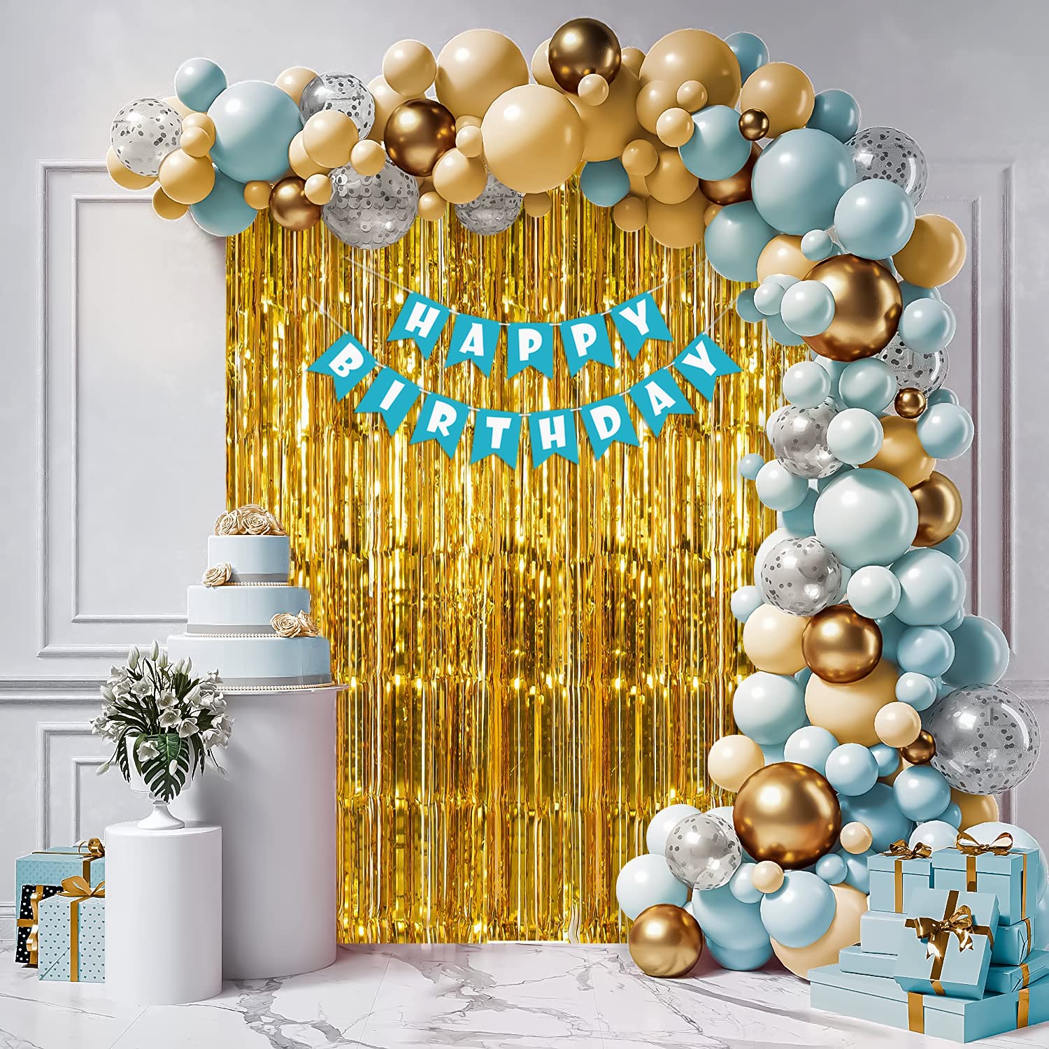 Blue and Peach birthday decoration items with fringe curtain