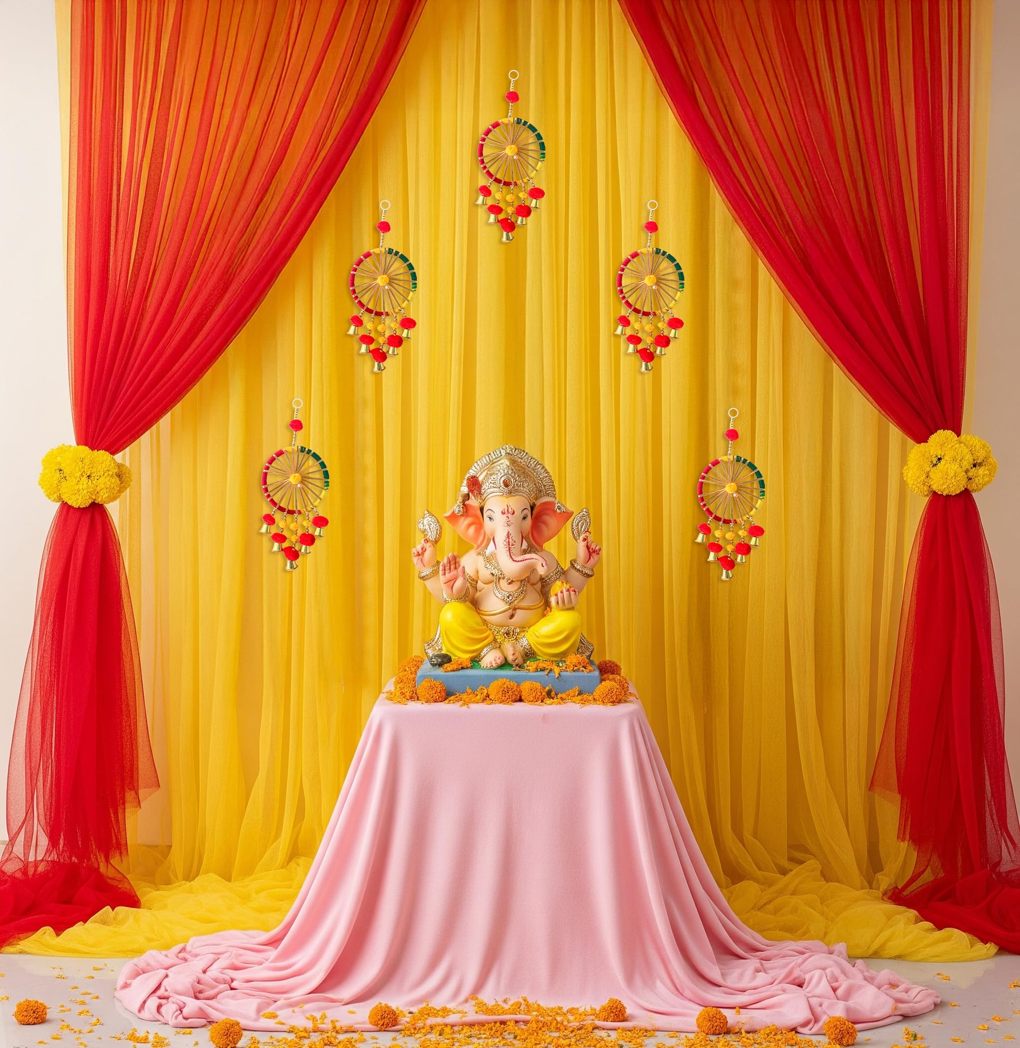 Red & yellow backdrop to adorn your puja space