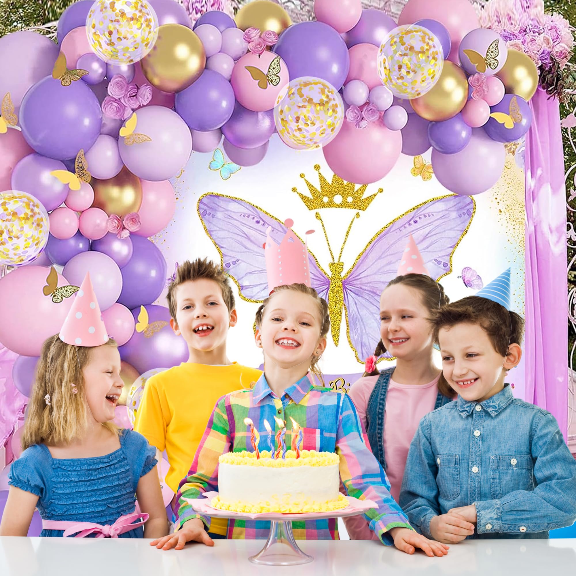 Pink Purple Butterfly theme balloon decor for birthday