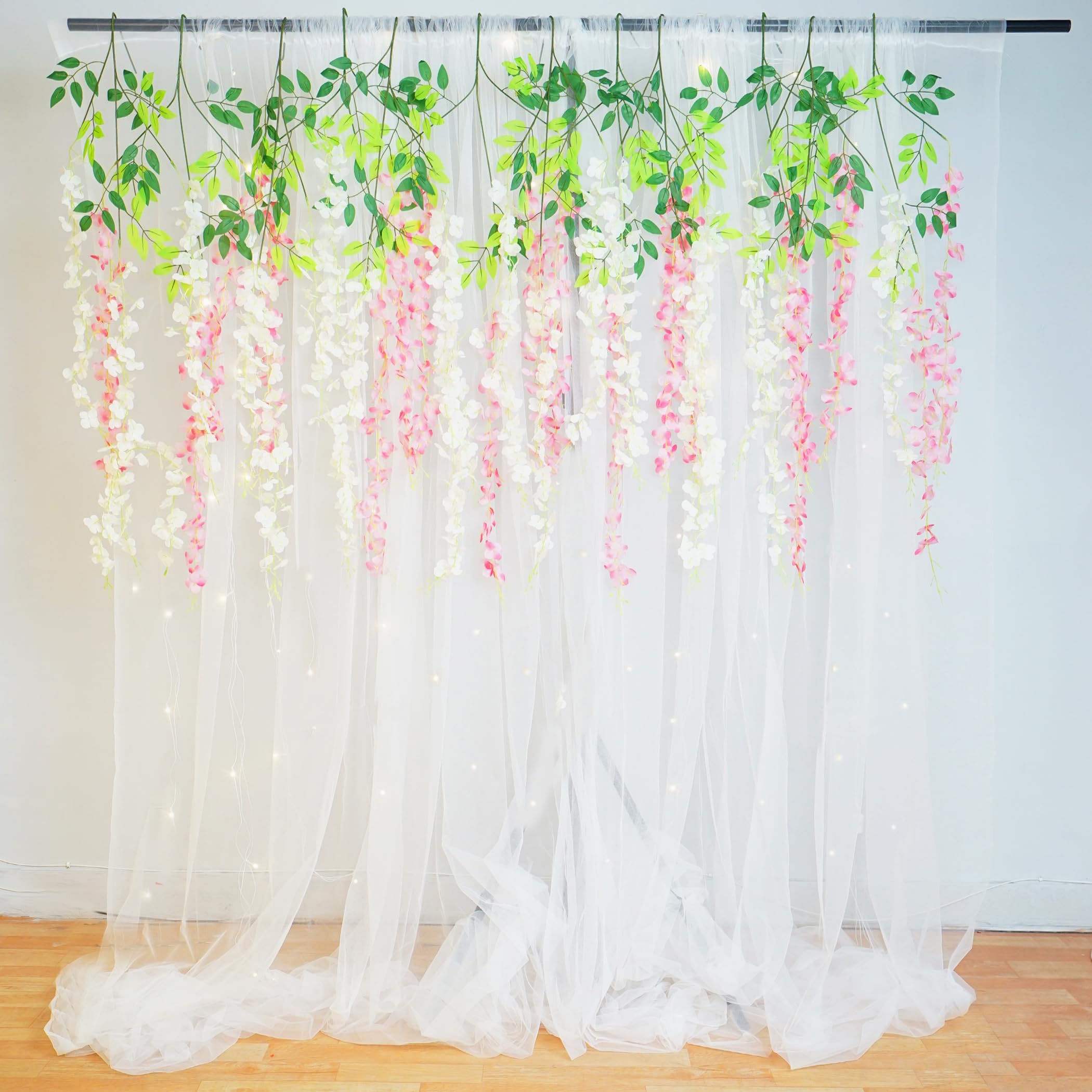 Backdrop decor with Pink & white Wisteria & Curtains